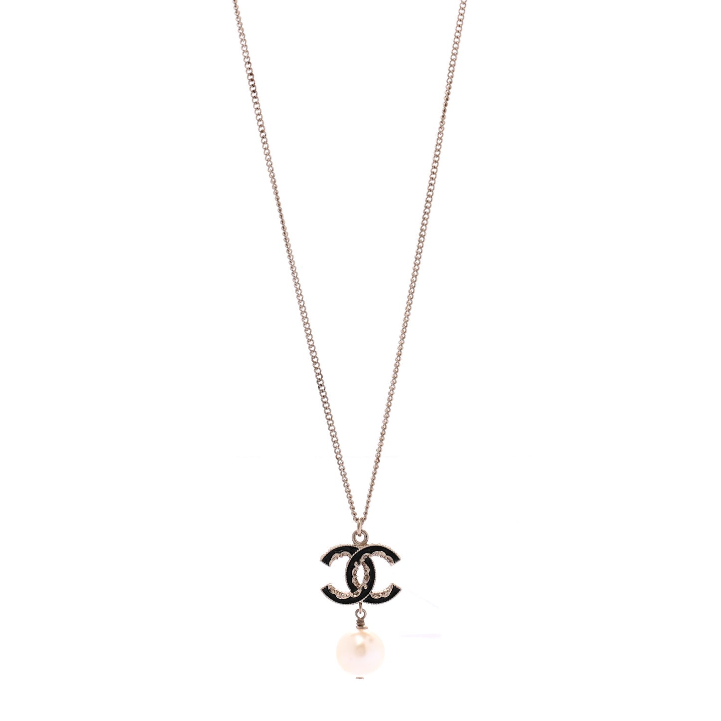 Enamel Pearl CC Baroque Drop Necklace Black Gold