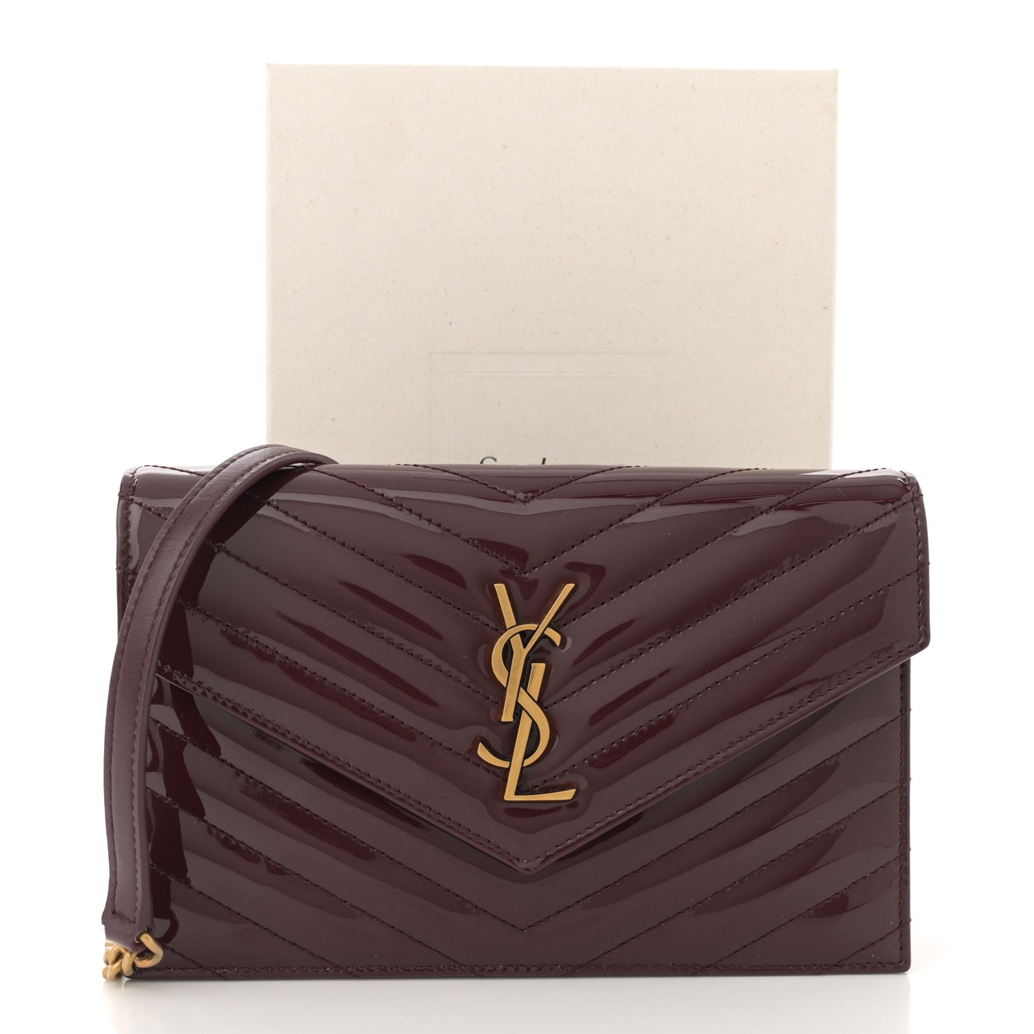 Saint Laurent Patent Calfskin Matelasse Chevron Monogram Envelope Chain Wallet Dark Red Wine 11 of 11
