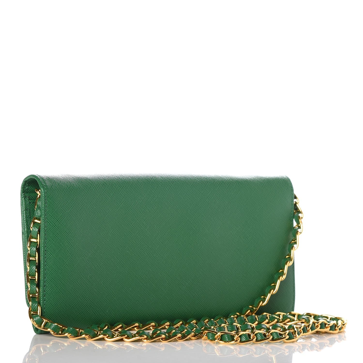 Prada Saffiano Metal Oro Chain Wallet Verde 3 of 11