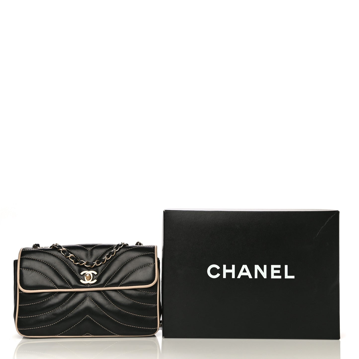 Lambskin Quilted Single Flap Bag Black Beige