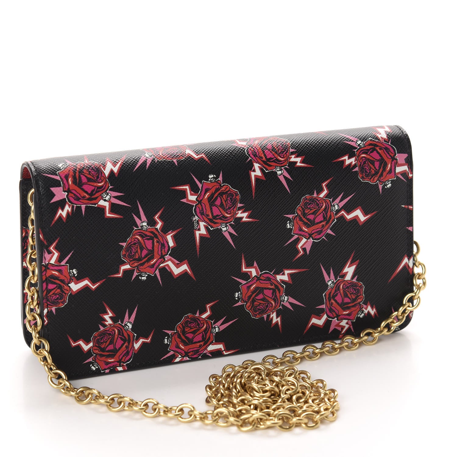 Prada X UNIVERSAL STUDIOS Saffiano Frankenstein Rose Chain Wallet Lacca 3 of 10
