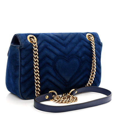 Gucci Velvet Matelasse Deer Embroidered Small GG Marmont Shoulder Bag Cobalt 3 of 12