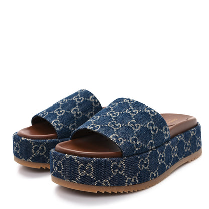 Gucci New Denim GG Monogram Angelina Platform 55mm Slide Sandals 37 Blue Tea 4 of 10