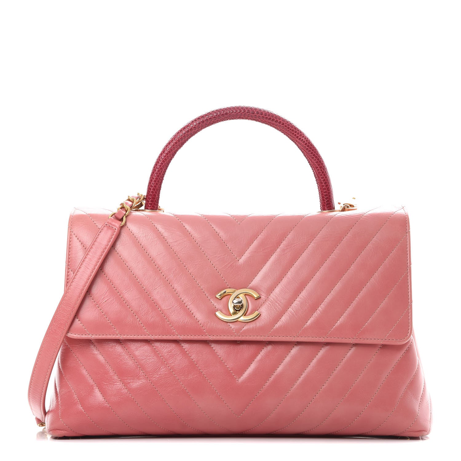 Chanel Calfskin Lizard Chevron Quilted Medium Coco Handle Flap Pink 1 of 13