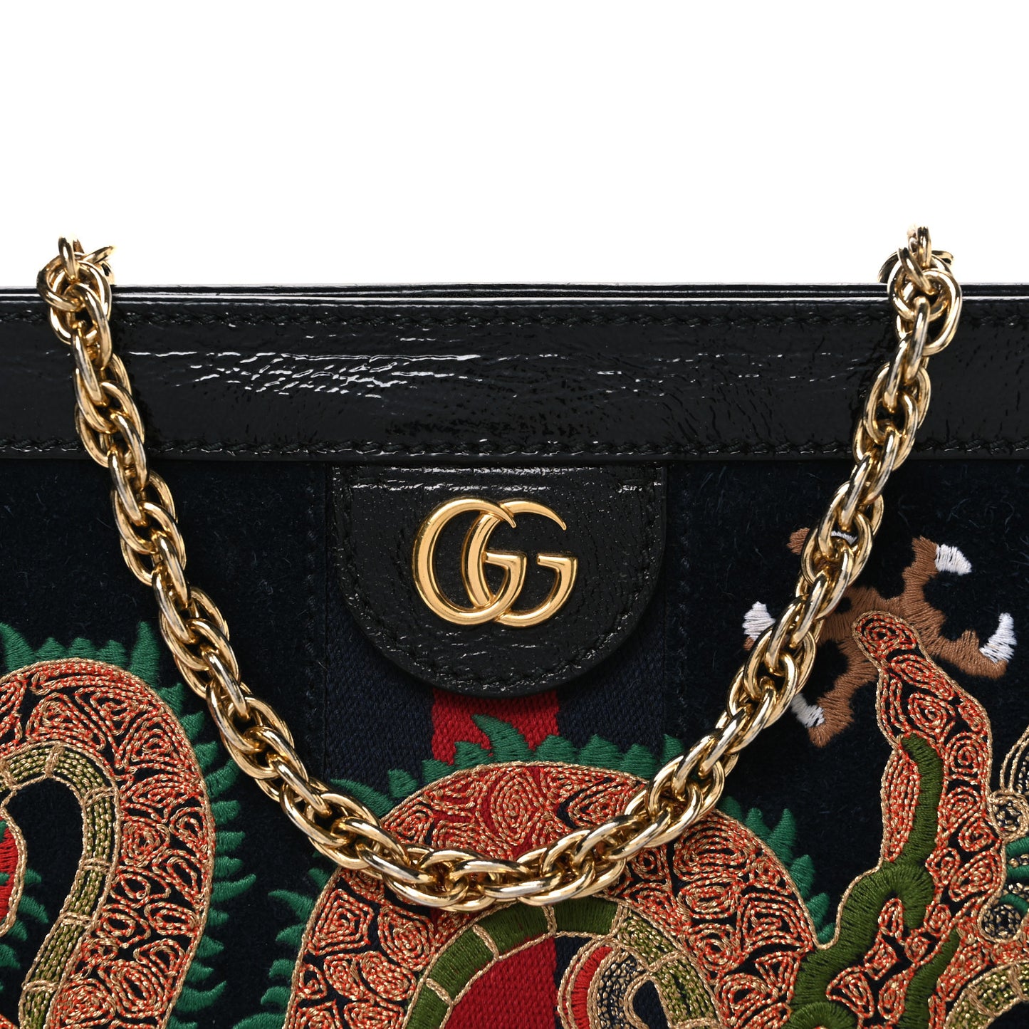 Suede Patent Web Dragon Embroidered Medium Ophidia Chain Shoulder Bag Blue Multicolor Black