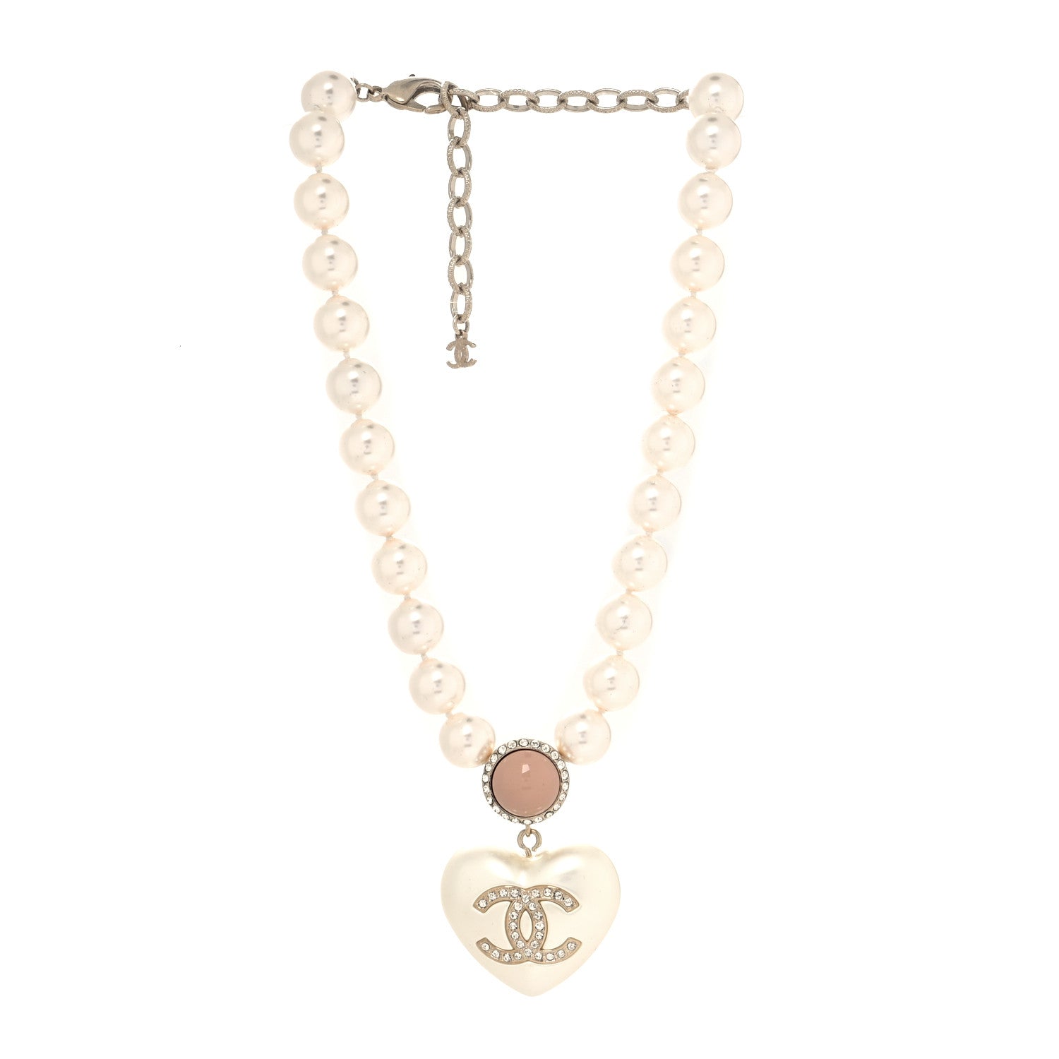 Chanel Pearl Crystal CC Heart Short Necklace Pearly White Gold 3 of 6