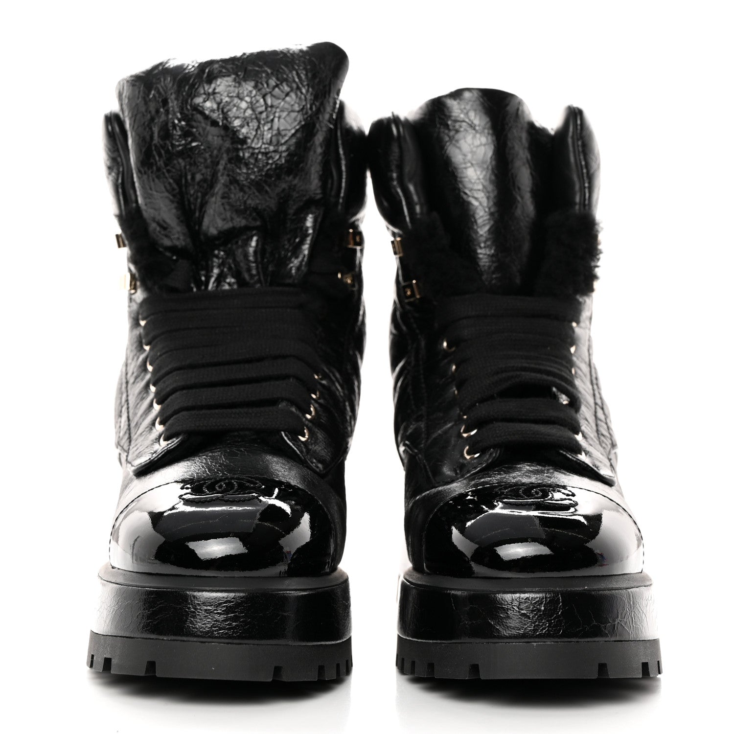 Chanel Crumpled Patent Lambskin Calfskin Quilted Lace Up Combat Boots 37.5 Black 2 of 10