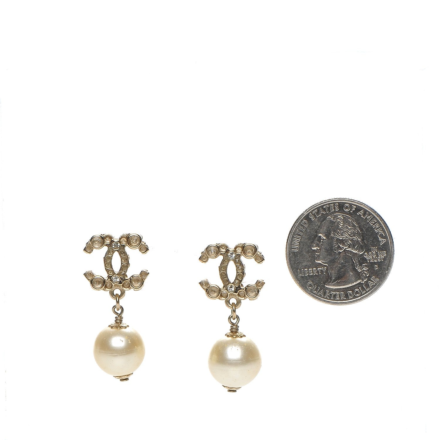 Chanel Crystal CC Pearl Drop Earrings Light Gold 2 of 4