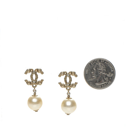 Chanel Crystal CC Pearl Drop Earrings Light Gold 2 of 4