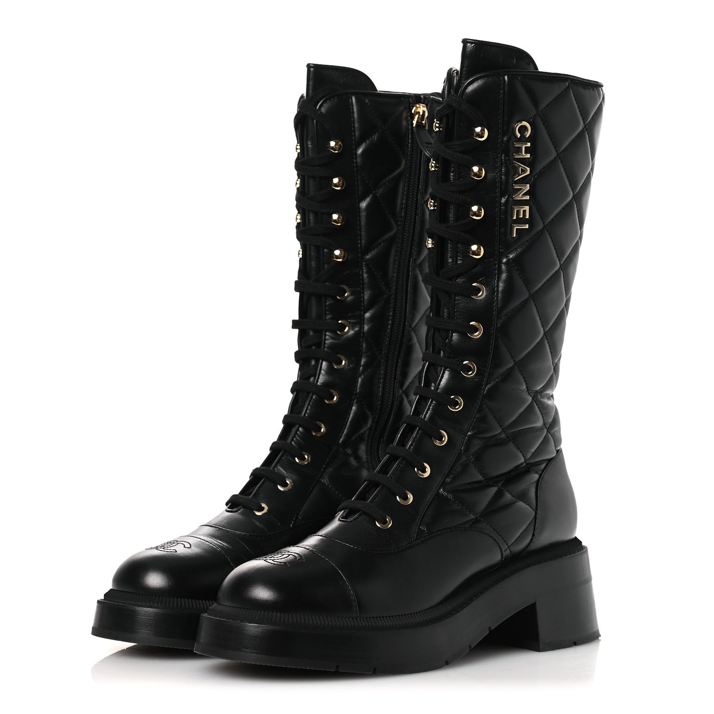 Calfskin Quilted Logo Lace Up Tall Combat Boots 39 Black