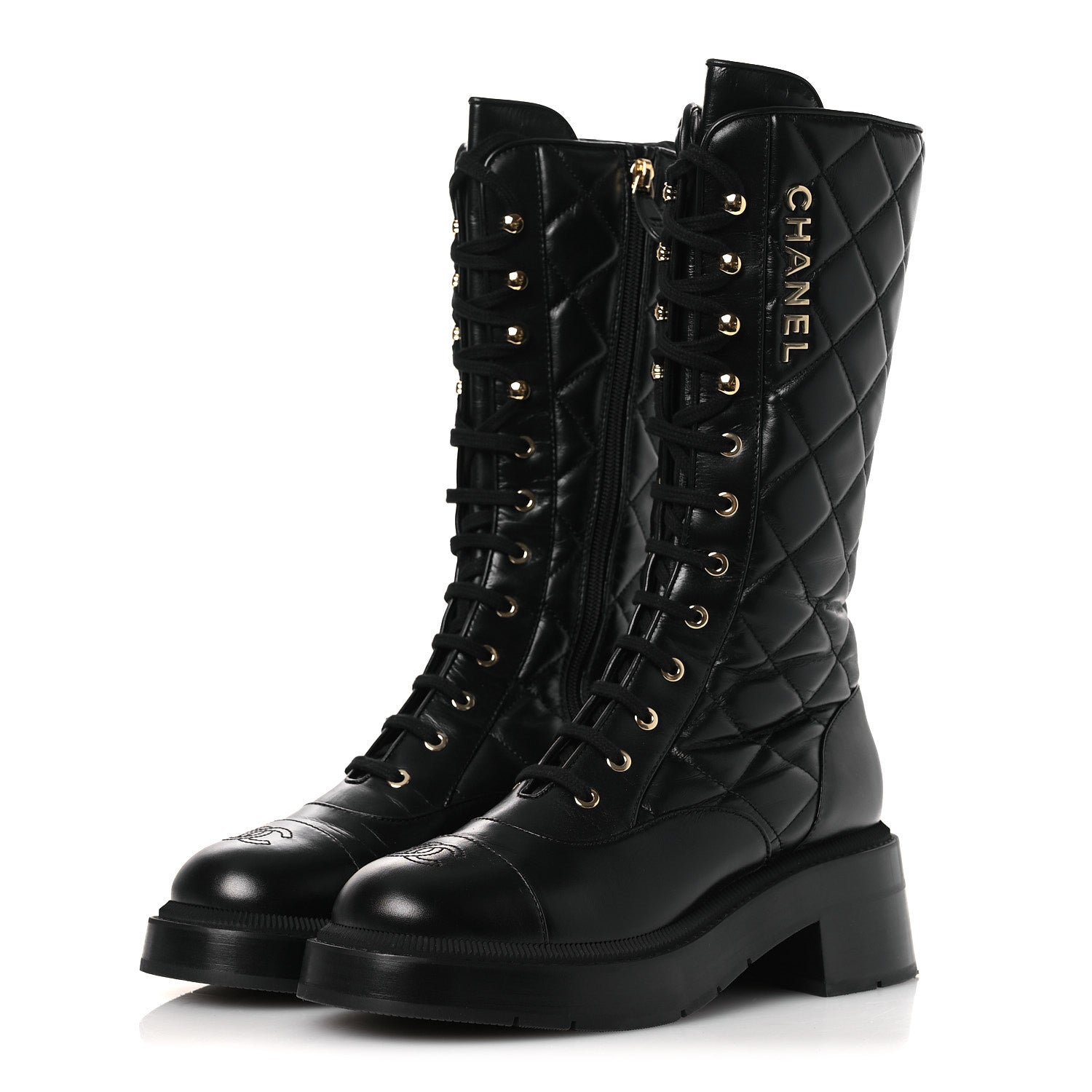 Chanel Calfskin Quilted Logo Lace Up Tall Combat Boots 39 Black 4 of 11
