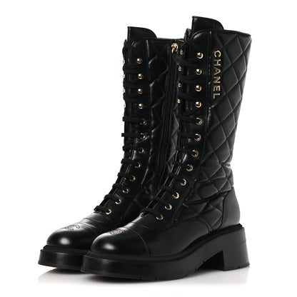 Chanel Calfskin Quilted Logo Lace Up Tall Combat Boots 39 Black 4 of 11