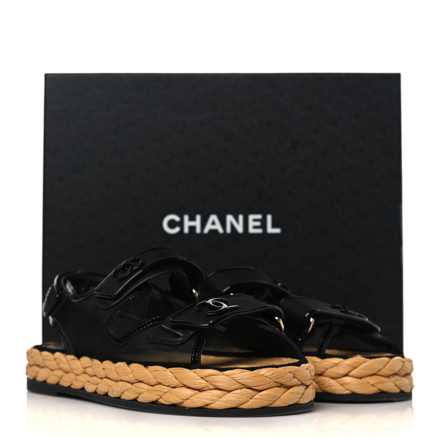Chanel Mesh Patent Calfskin Velcro Dad Sandals 37 Black 9 of 9