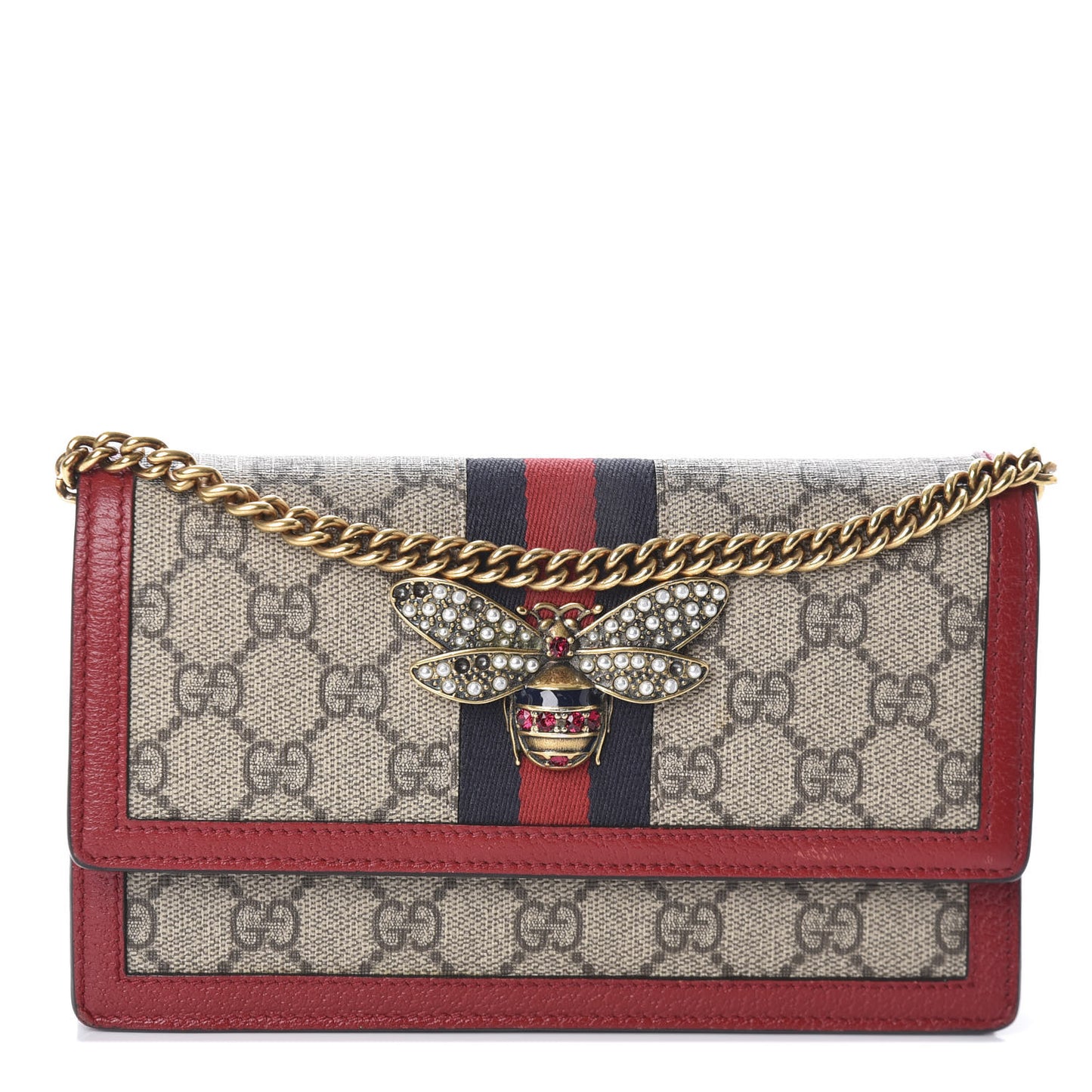 GG Supreme Monogram Web Queen Margaret Chain Wallet Red