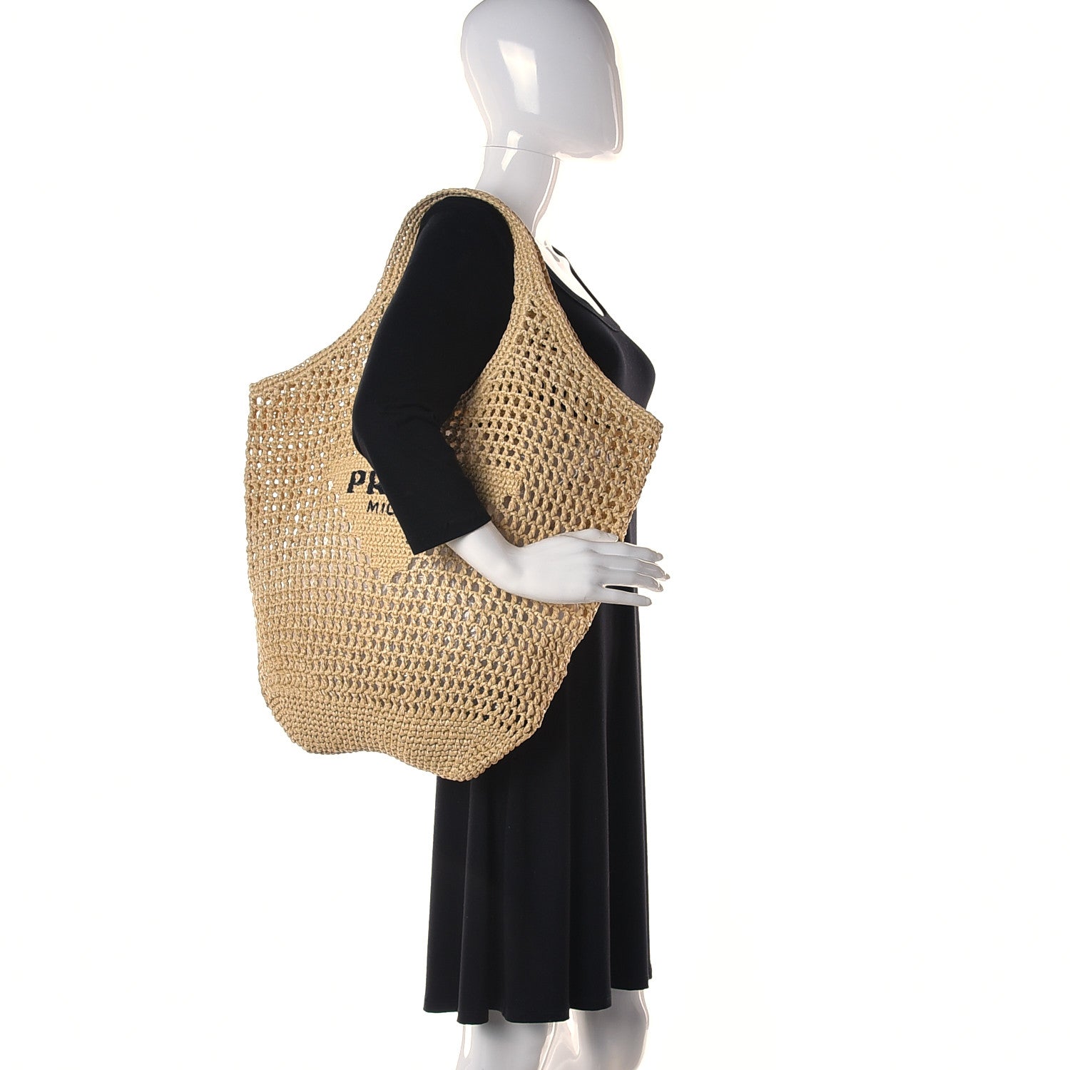 Prada Yarn Raffia Effect Crochet Logo Embroidered Shopping Tote Bag Naturale 2 of 10