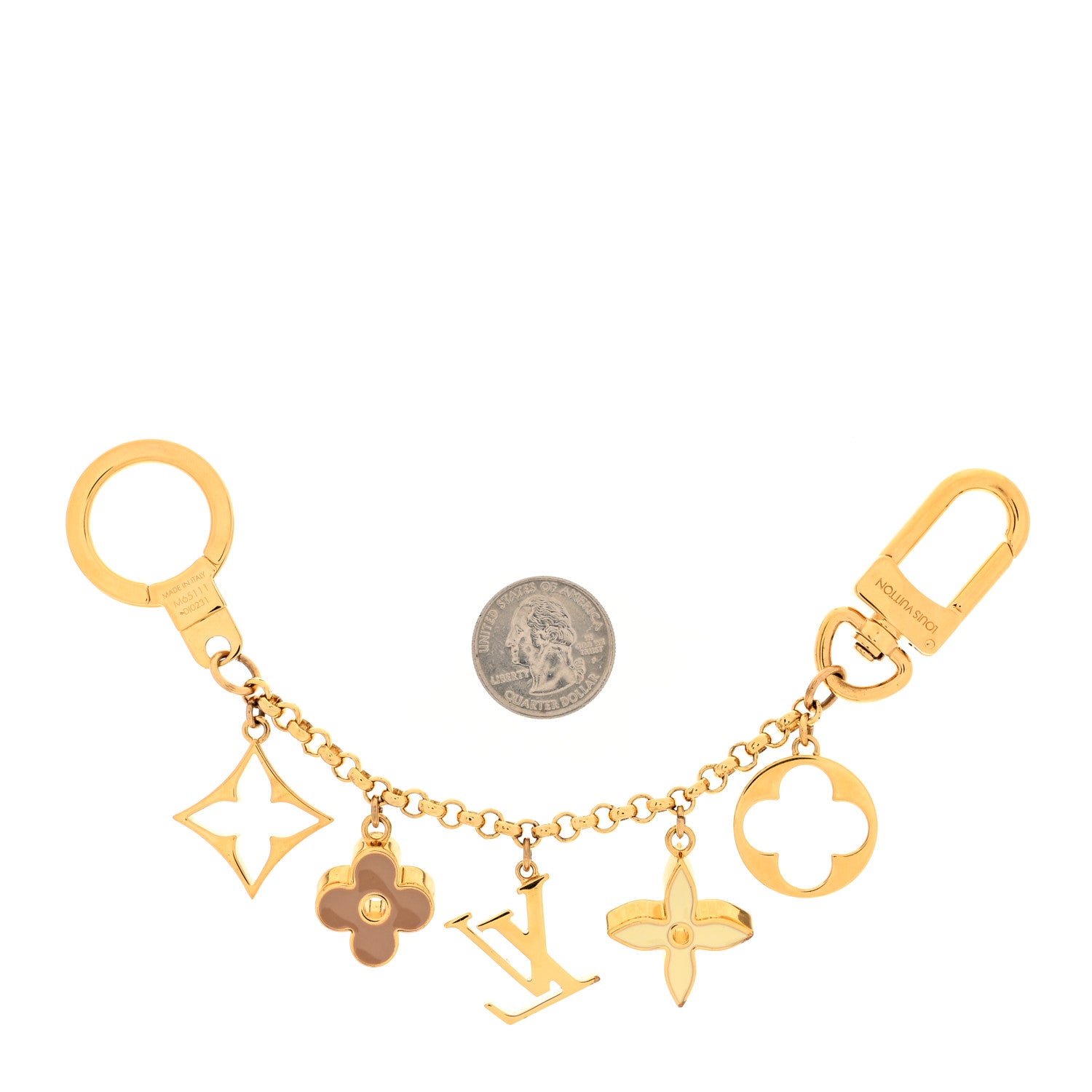 Louis Vuitton Brass Enamel Fleur De Monogram Bag Charm Chain Gold 2 of 4