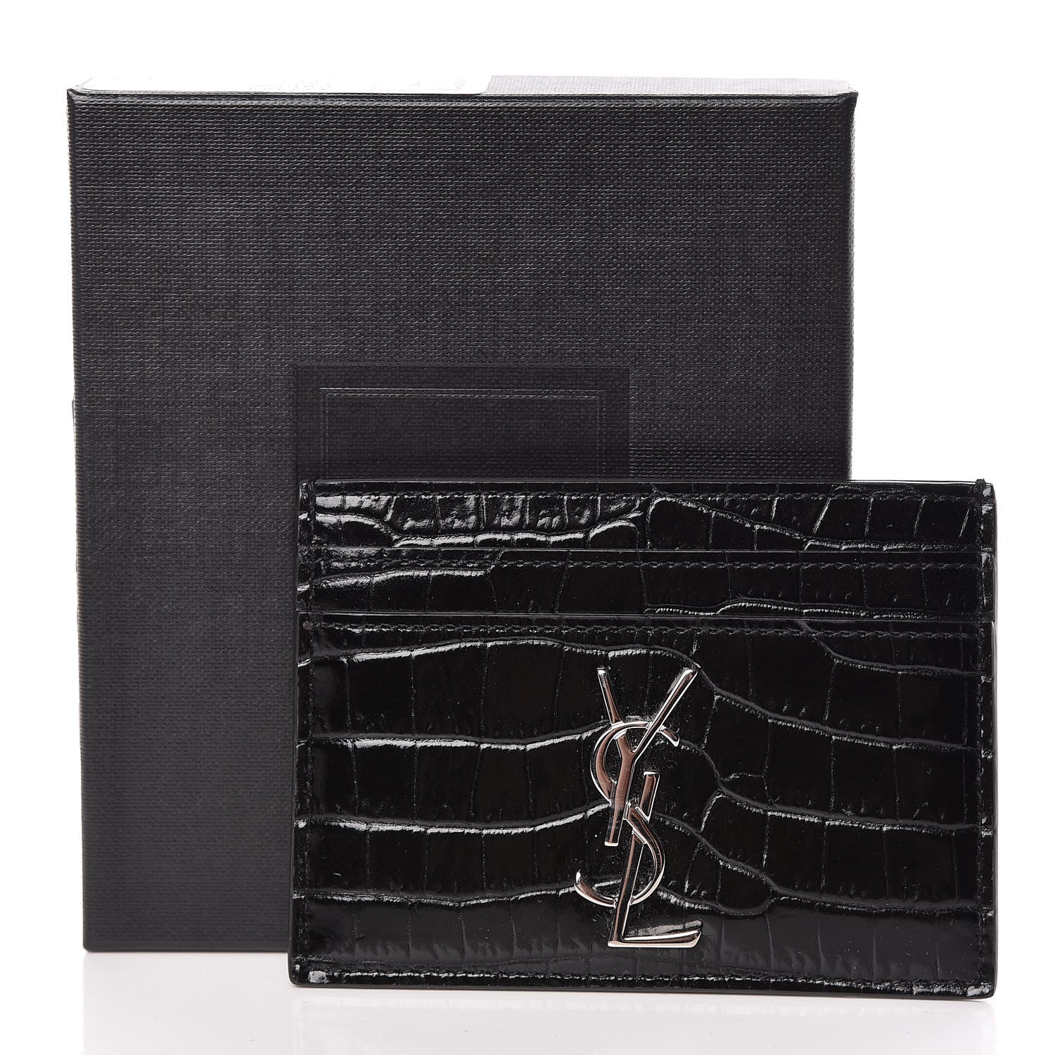 Saint Laurent Calfskin Crocodile Embossed Monogram Credit Card Case Black 8 of 8