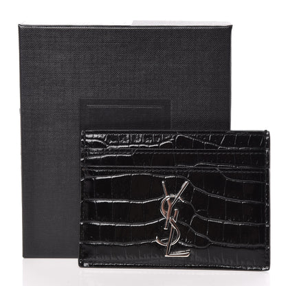 Saint Laurent Calfskin Crocodile Embossed Monogram Credit Card Case Black 8 of 8