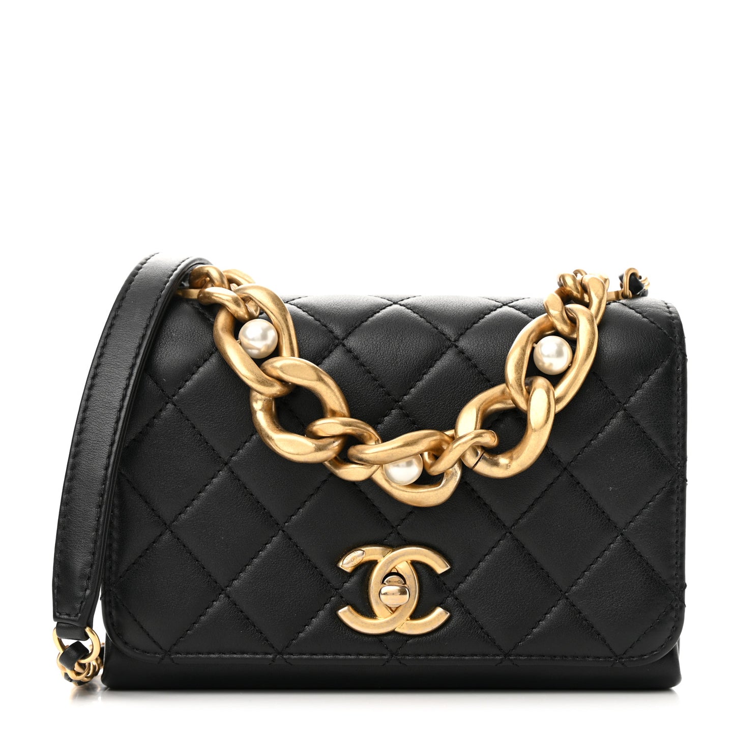 Calfskin Quilted Pearl Jewel Chain Flap Black