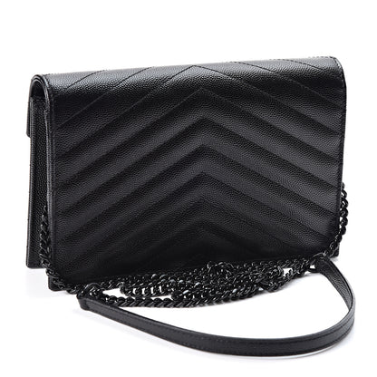 Saint Laurent Grain De Poudre Matelasse Chevron Monogram Envelope Chain Wallet Black 2 of 10