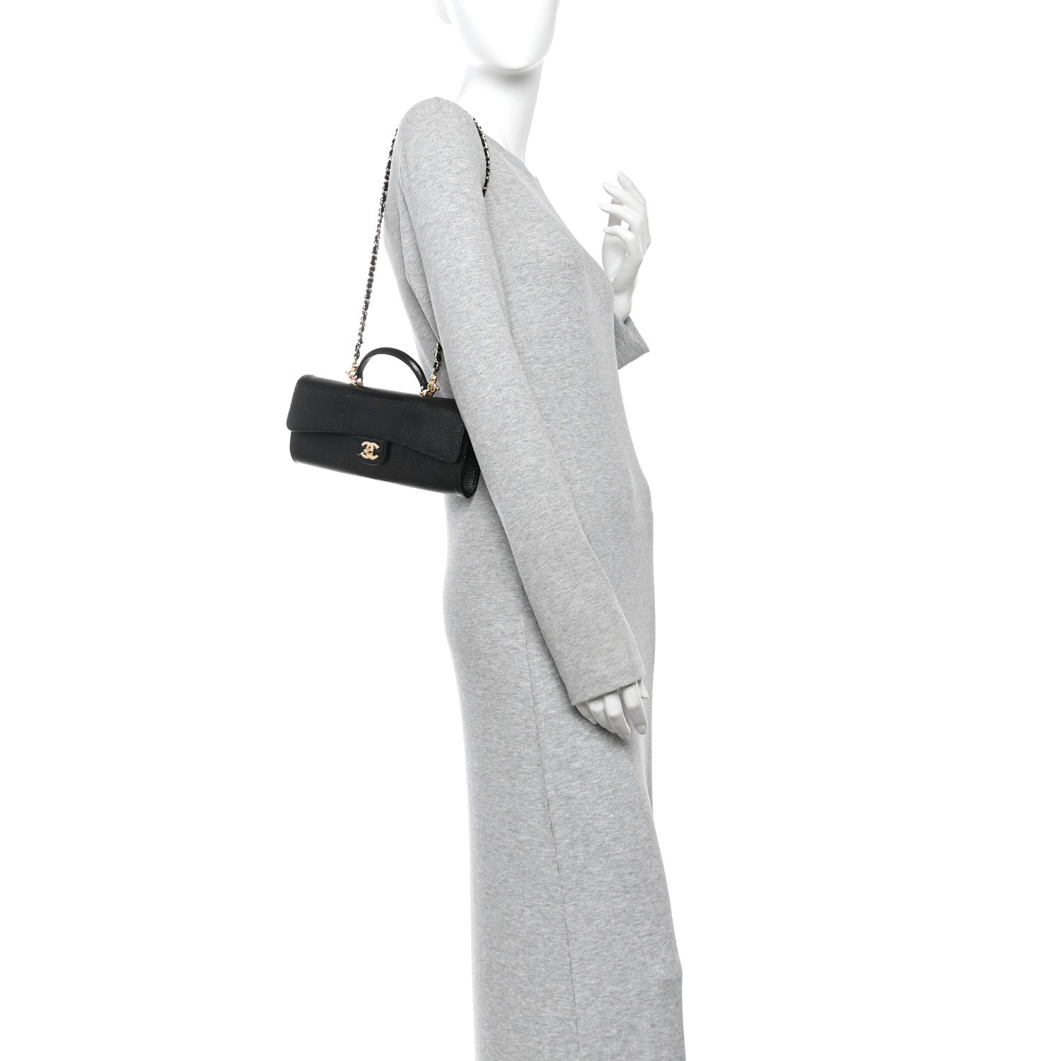 Chanel Calfskin Lizard Embossed Top Handle Long Clutch With Chain Black 2 of 11