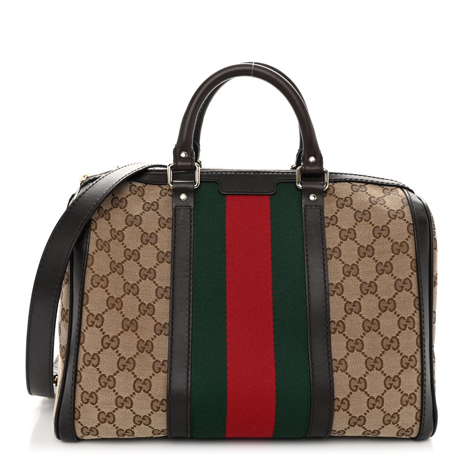 Gucci Monogram Selleria Calfskin Vintage Web Medium Boston Beige Ebony Cocoa 1 of 10