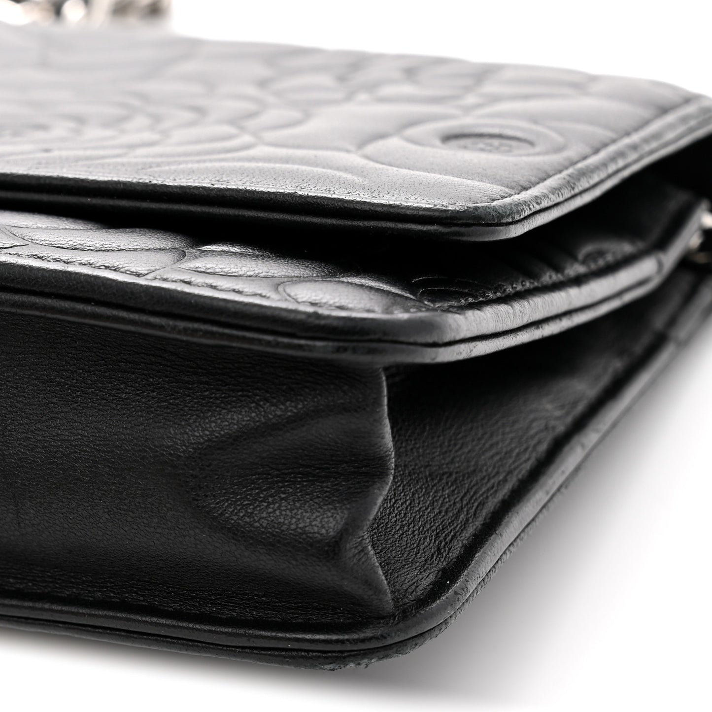 Lambskin Camellia Embossed Wallet On Chain WOC Black
