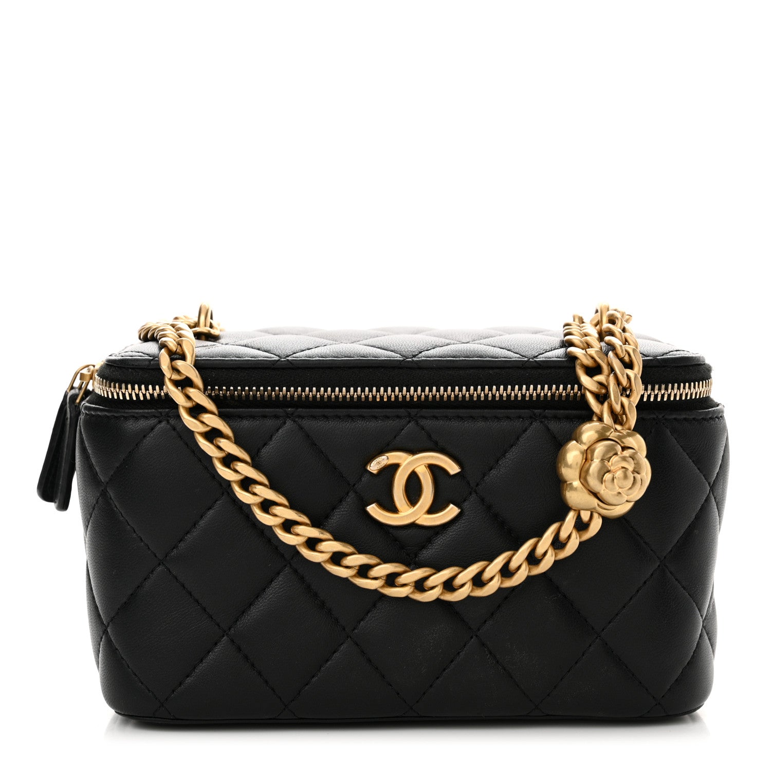 Chanel Lambskin Quilted Sweet Camellia Small Vanity Case With Chain Black 1 of 13