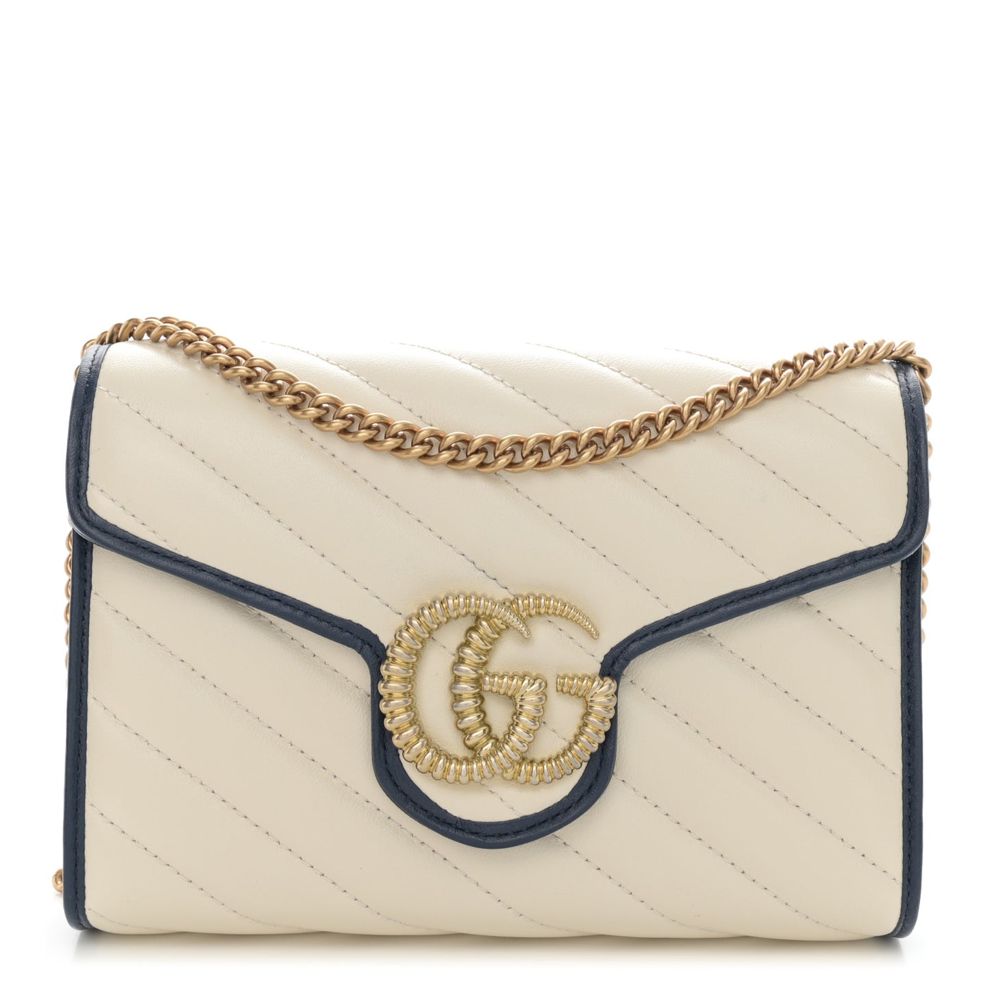 Vintage Effect Calfskin Matelasse Diagonal Torchon GG Marmont Chain Wallet Mystic White Blue Agata