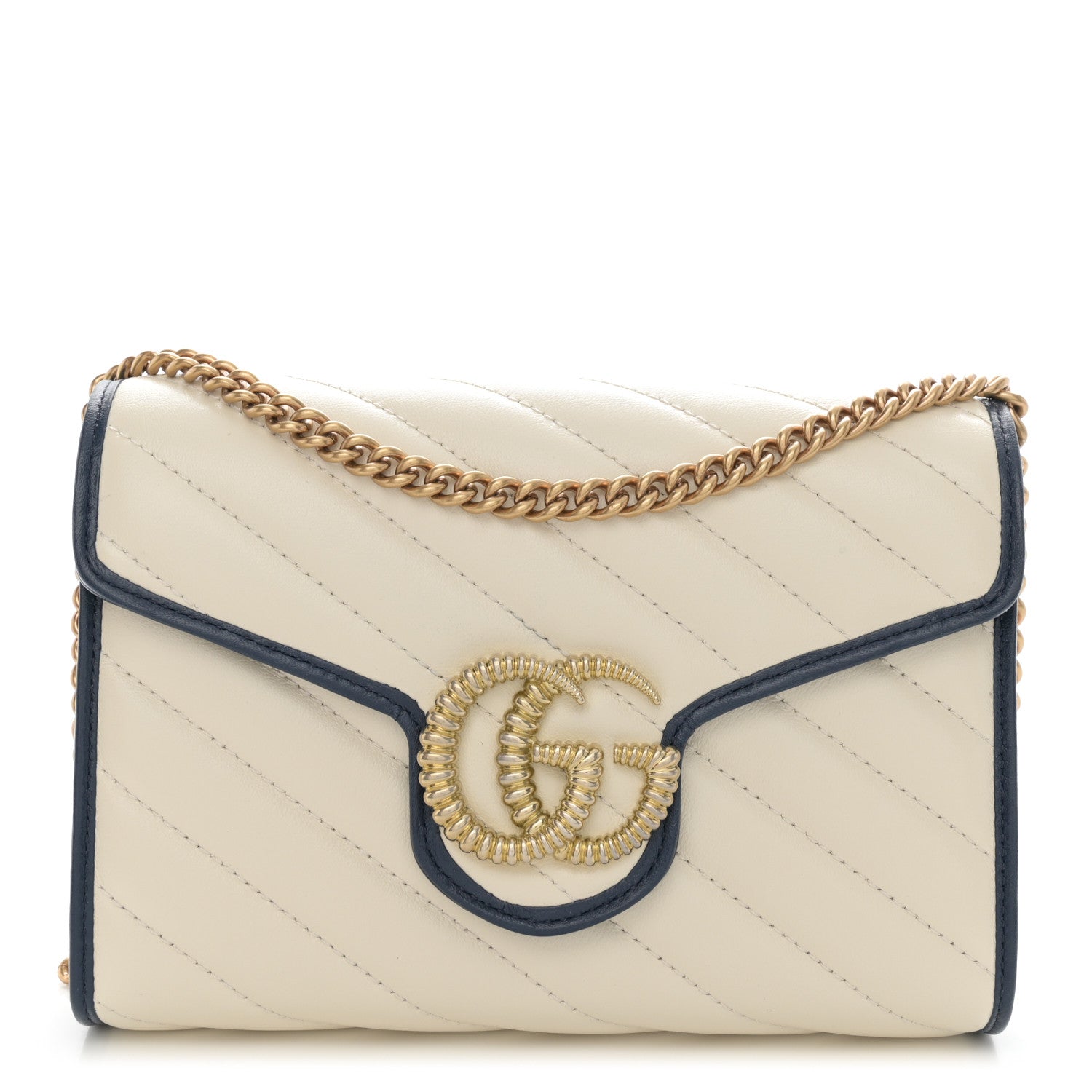 Gucci Vintage Effect Calfskin Matelasse Diagonal Torchon GG Marmont Chain Wallet Mystic White Blue Agata 1 of 12