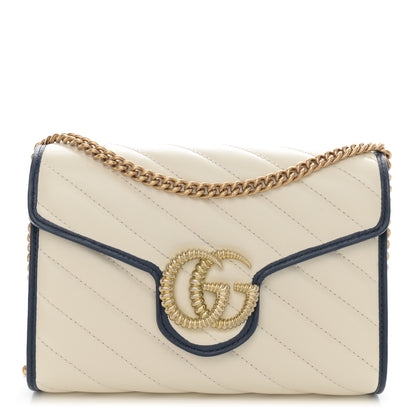 Gucci Vintage Effect Calfskin Matelasse Diagonal Torchon GG Marmont Chain Wallet Mystic White Blue Agata 1 of 12