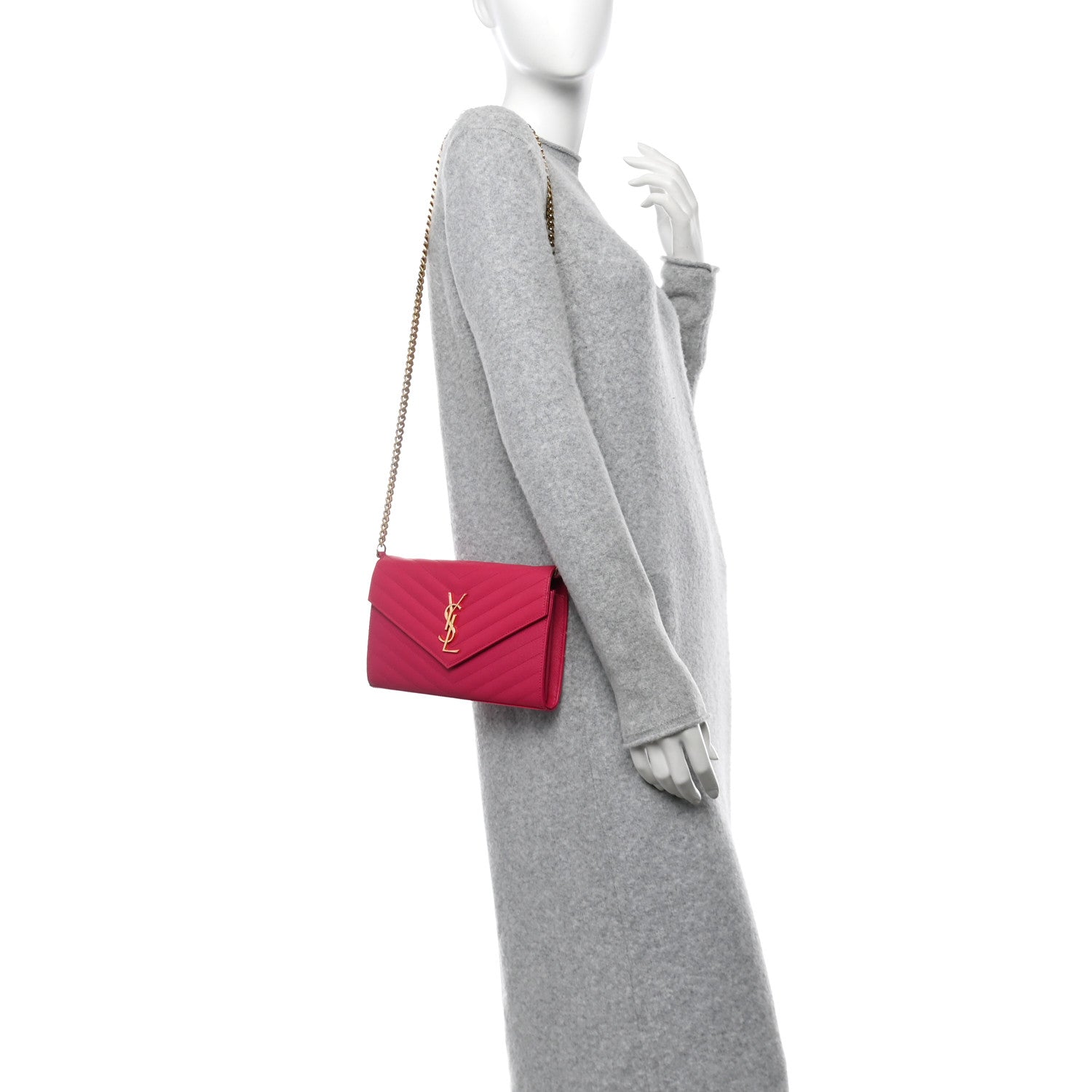 Saint Laurent Grain De Poudre Matelasse Chevron Monogram Chain Wallet Lipstick Fuchsia 2 of 10