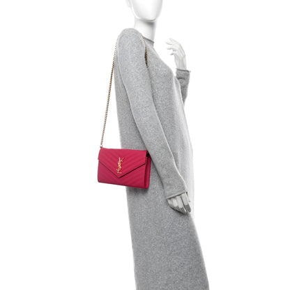 Saint Laurent Grain De Poudre Matelasse Chevron Monogram Chain Wallet Lipstick Fuchsia 2 of 10