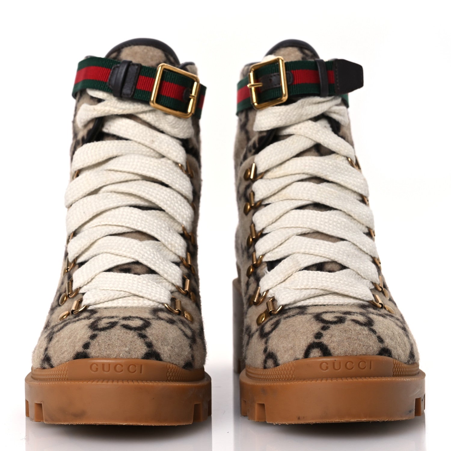 Gucci Covered Wool Big GG Monogram Womens Lace Up Combat Ankle Boots 38 Beige Ebony Cocoa 3 of 12
