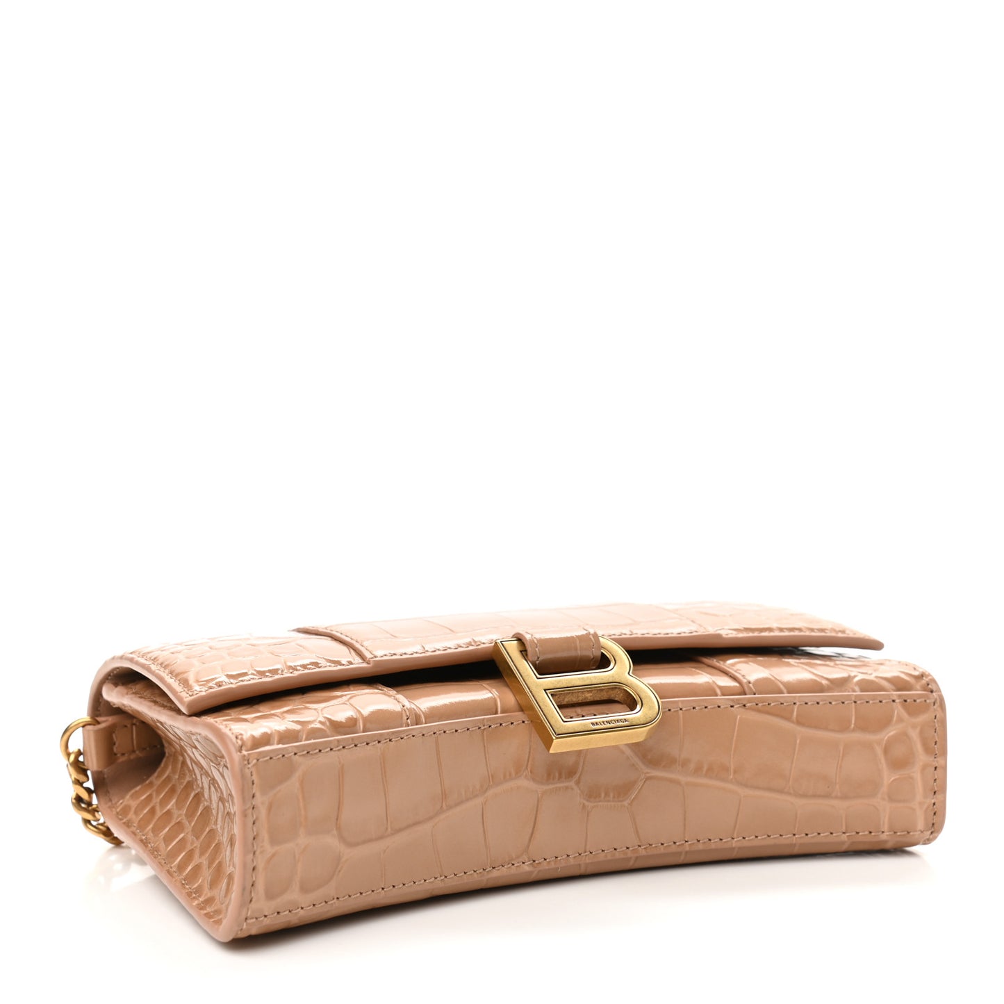 Shiny Calfskin Crocodile Embossed Hourglass Chain Bag Nude Beige