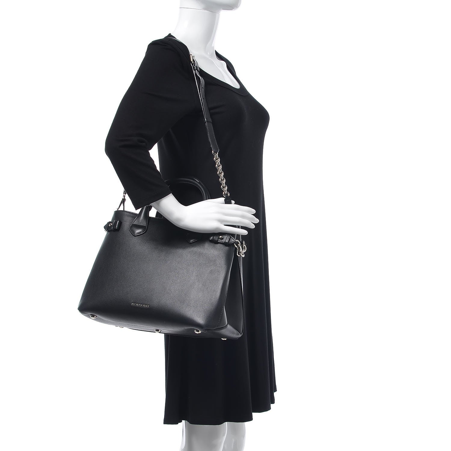 Burberry Smooth Calfskin Medium Chain Banner Tote Black 2 of 9