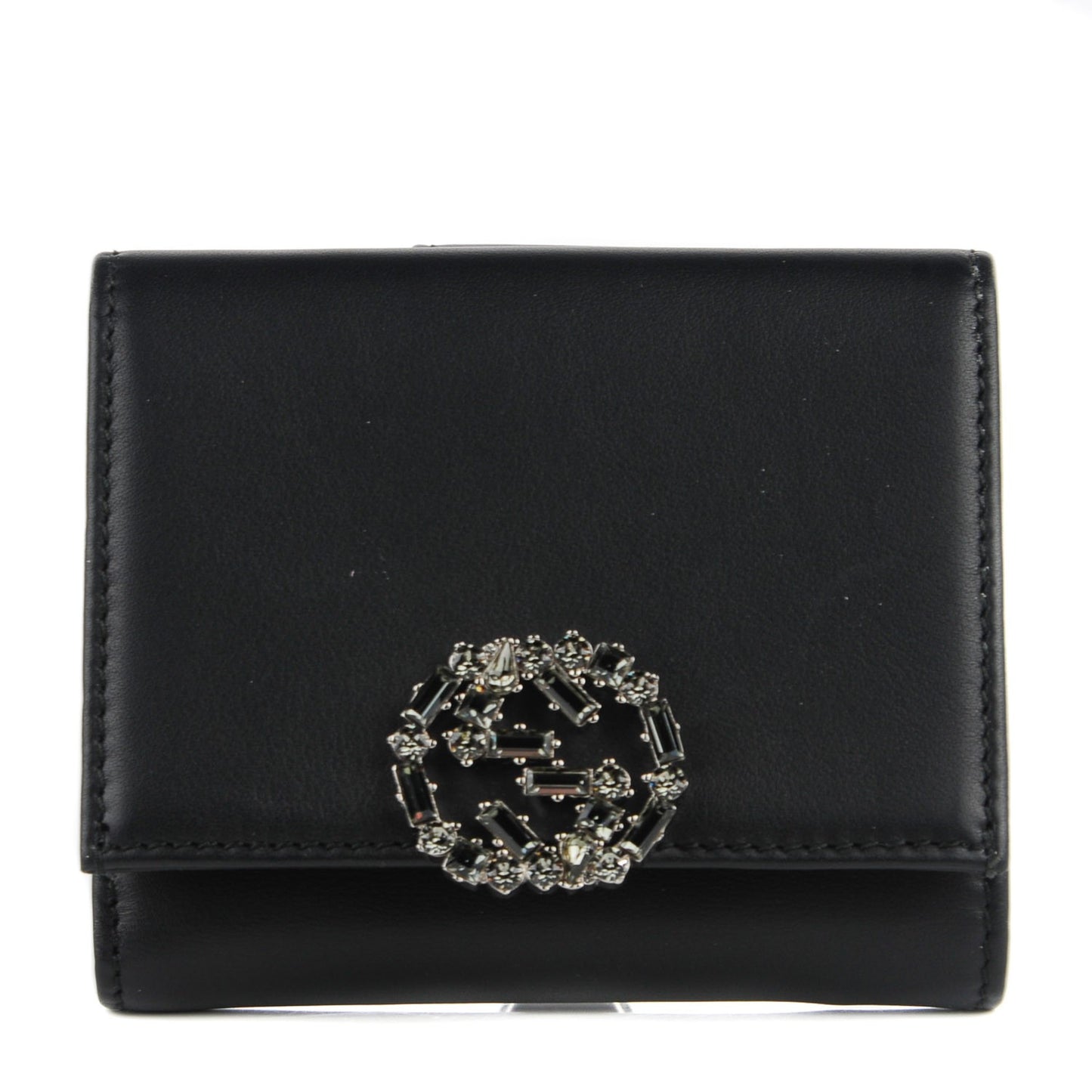 Calfskin Swarovski Crystal Mini GG Sparkling French Flap Wallet Black
