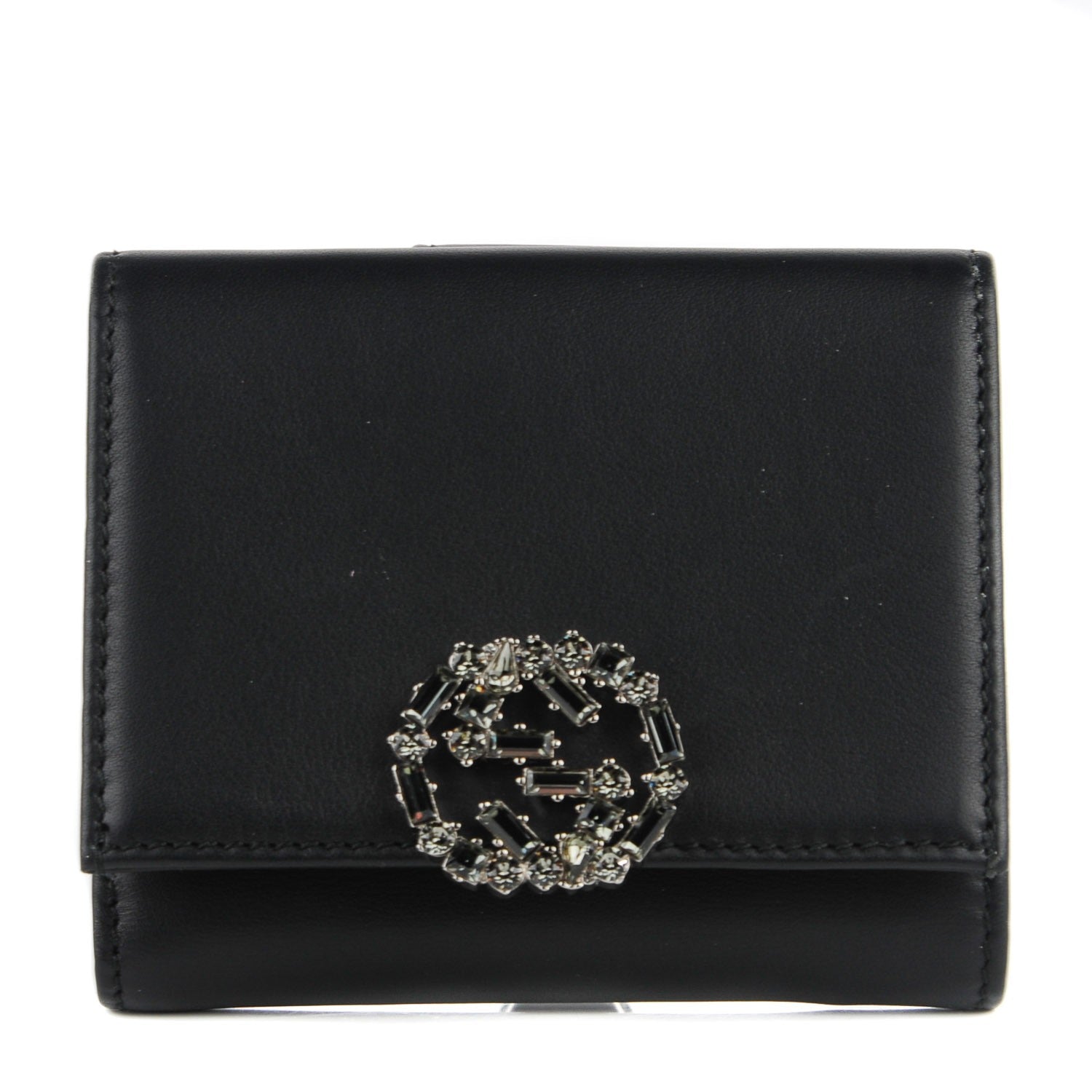 Gucci Calfskin Swarovski Crystal Mini GG Sparkling French Flap Wallet Black 1 of 8