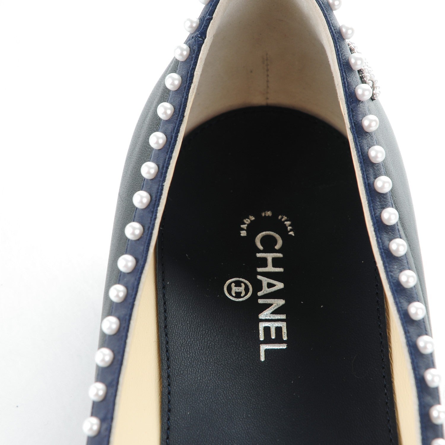 Chanel Lambskin Pearl Cap Toe CC Ballerina Flats 40 Black Navy 7 of 9