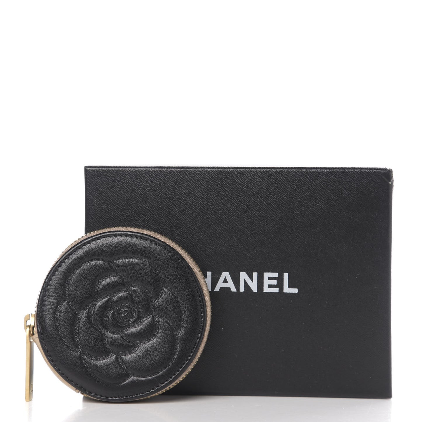 Lambskin Round Camellia CC Coin Purse Black