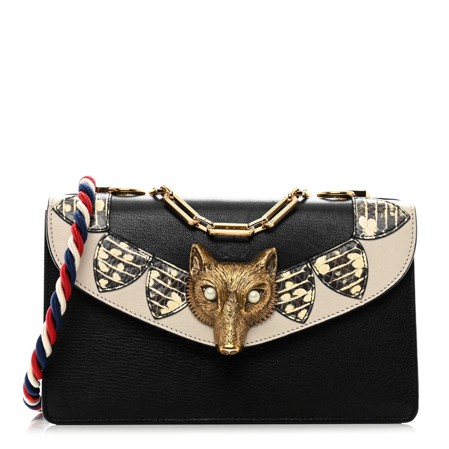 Gucci Goatskin Snakeskin Fox Broche Shoulder Bag Black 1 of 13
