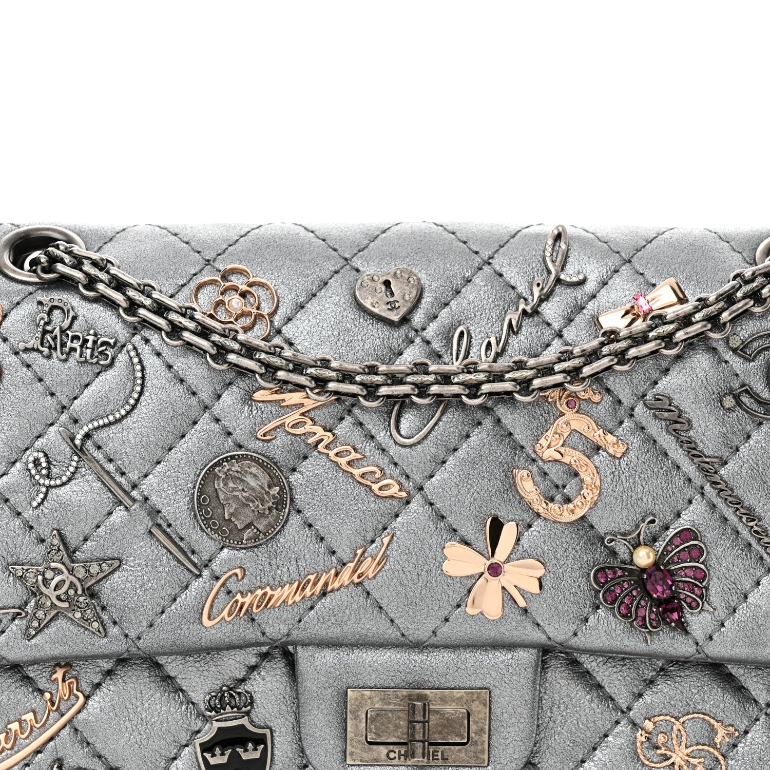 Chanel Metallic Calfskin Quilted Lucky Charms 2.55 Reissue 225 Flap Dark Silver 9 of 12