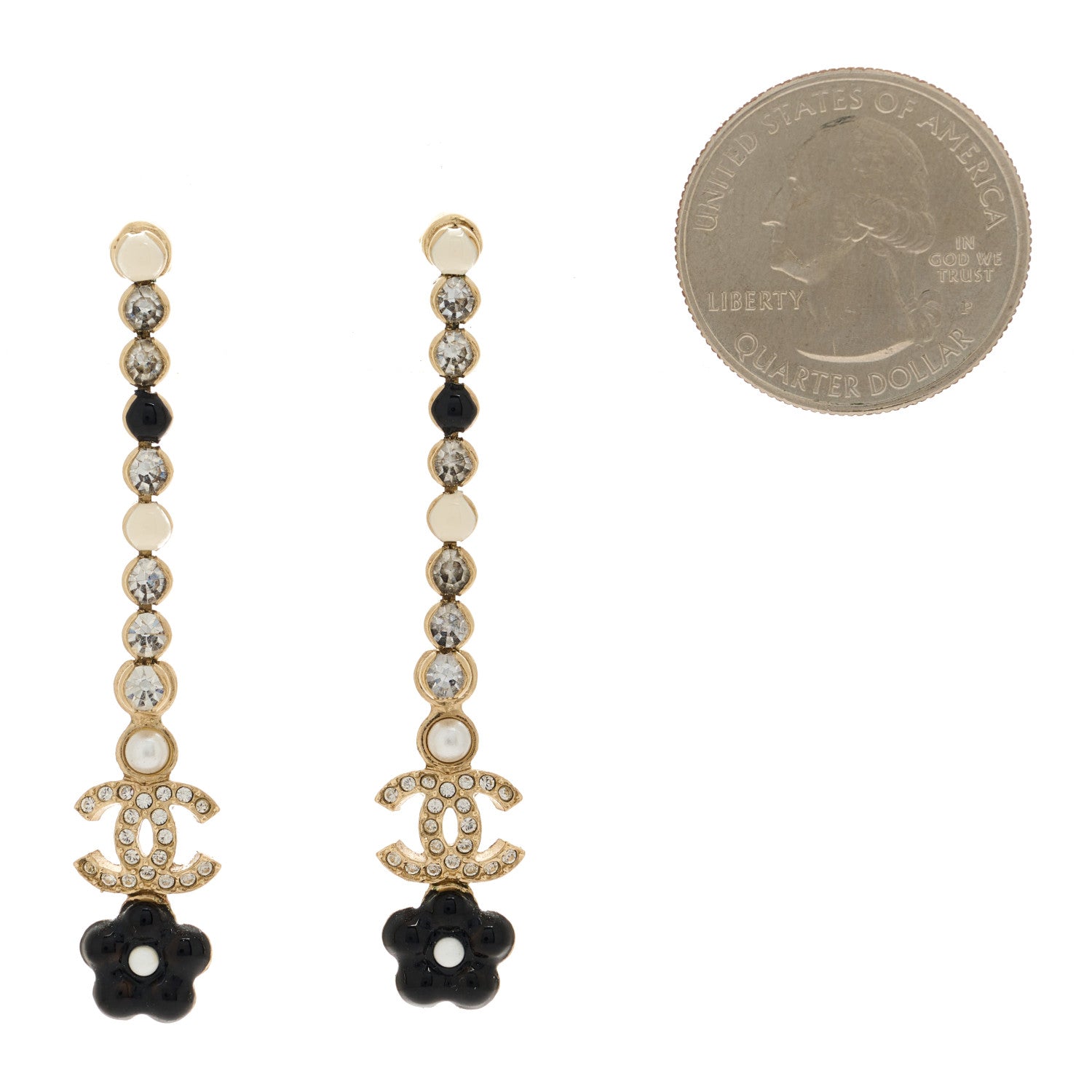Chanel Metal Strass Enamel Flower CC Drop Earrings Gold White Black 2 of 4
