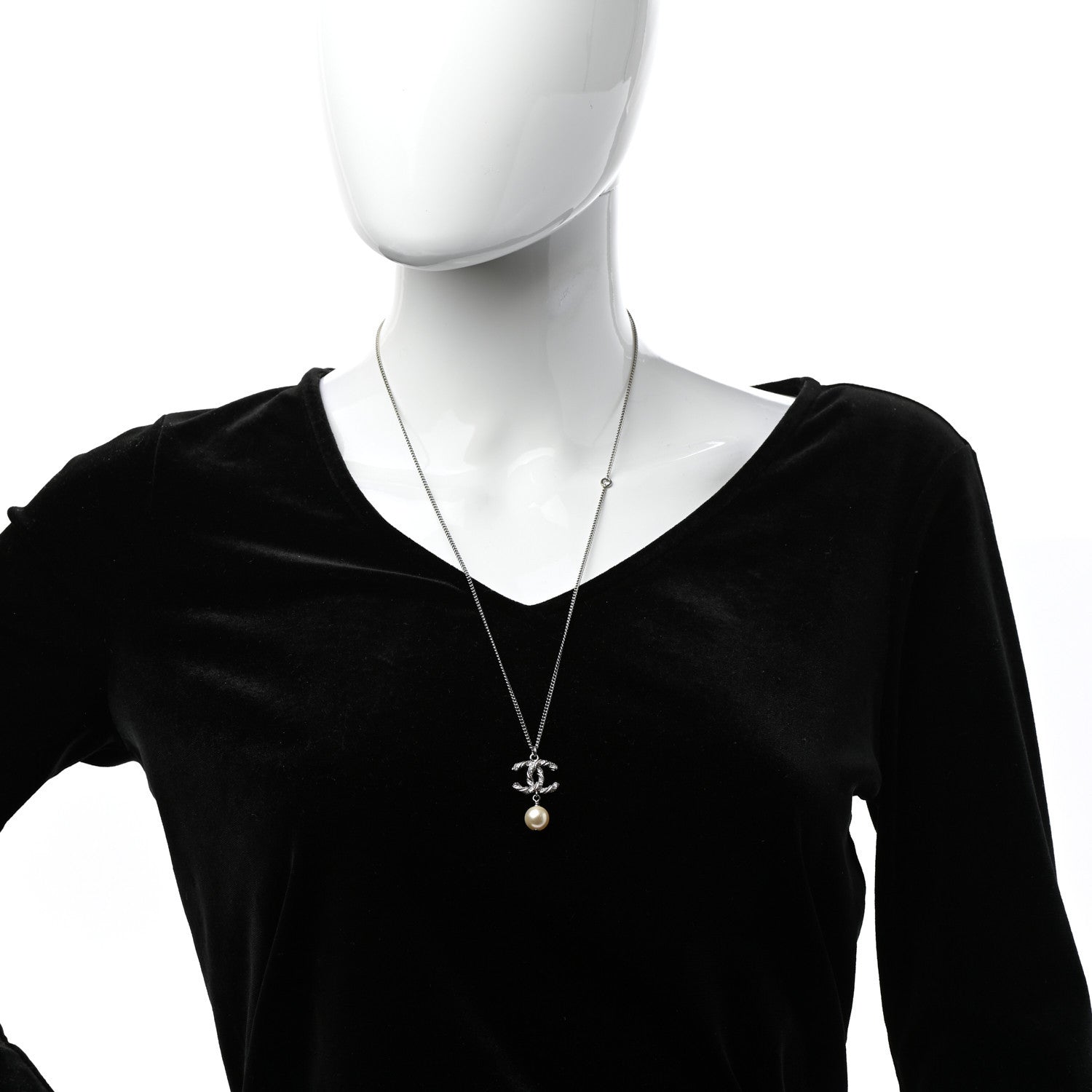 Chanel Crystal Pearl Twisted CC Drop Necklace Silver 1 of 5