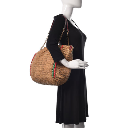 Gucci Raffia Effect Large GG Marmont Shoulder Tote Bag Natural Red Green 2 of 10
