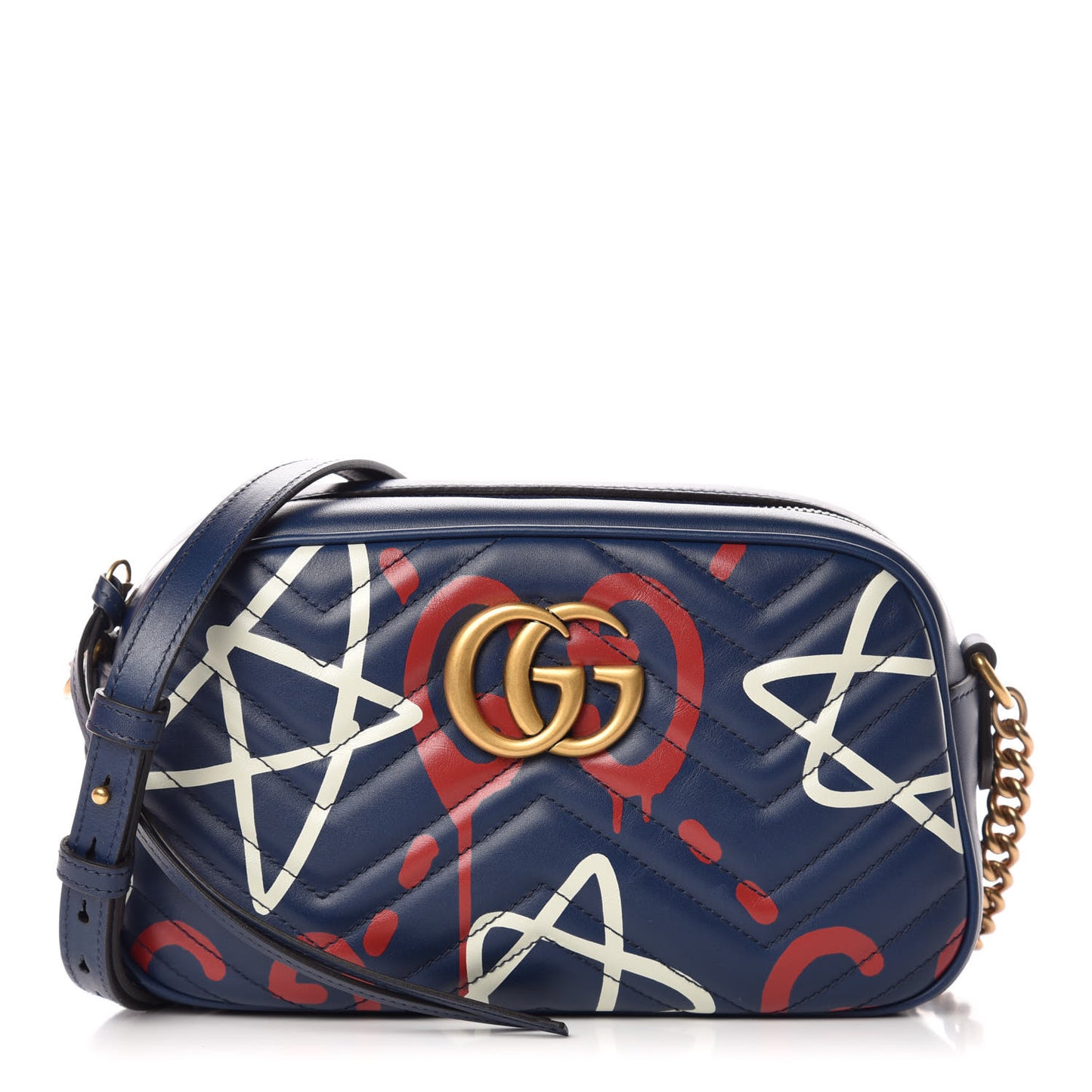 Calfskin Matelasse GucciGhost Small GG Marmont Chain Shoulder Bag Blue Agata Hibiscus Red