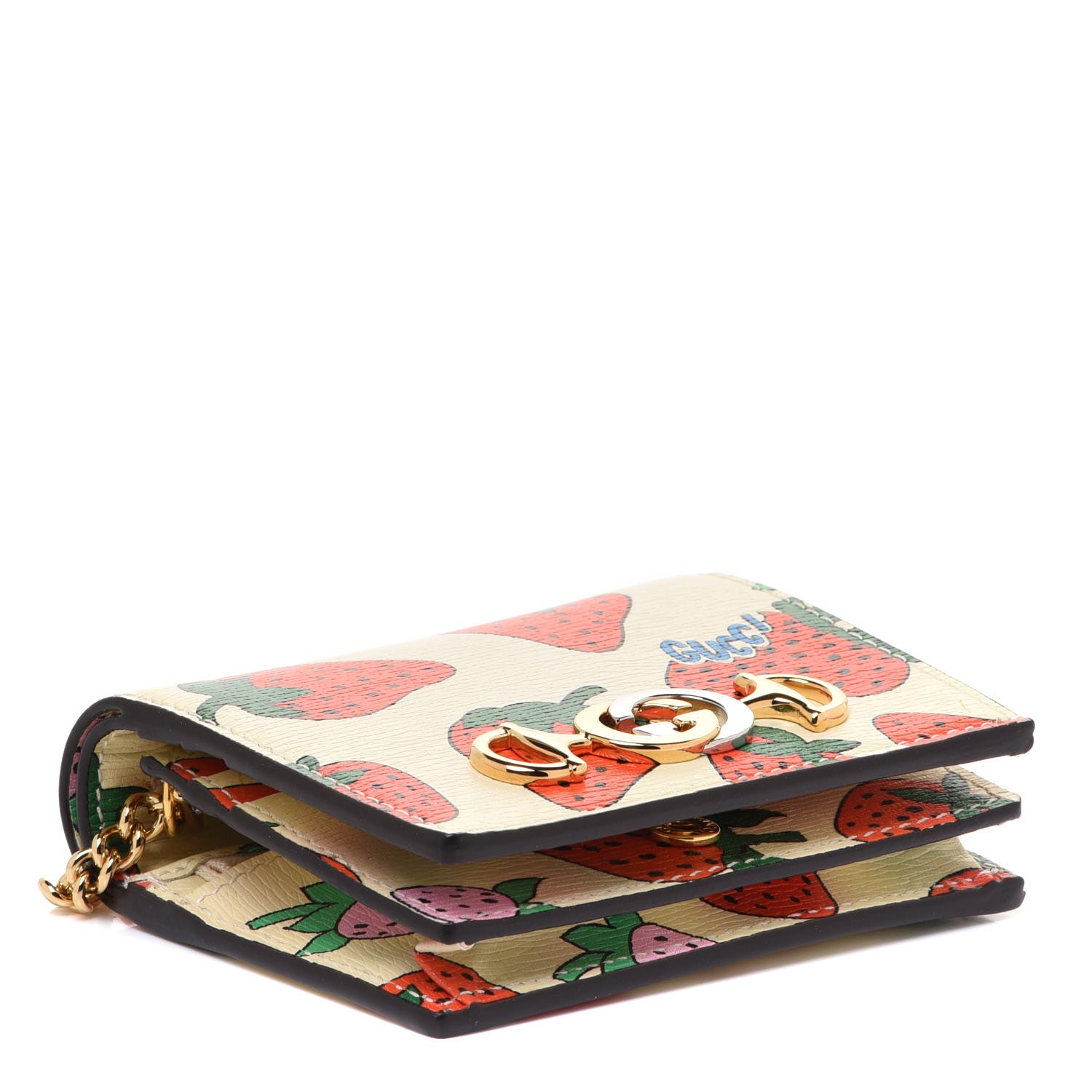 Gucci Calfskin Strawberry Print Zumi Chain Card Case Wallet Ivory Red 4 of 8