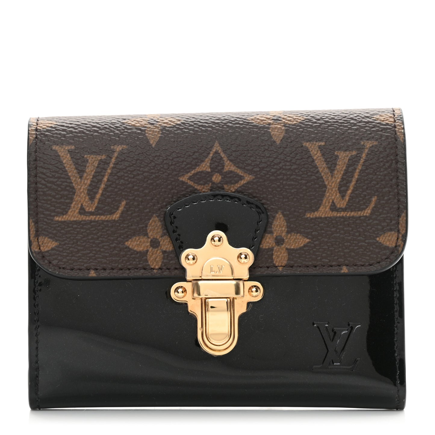 Patent Calfskin Monogram Cherrywood Compact Wallet Black