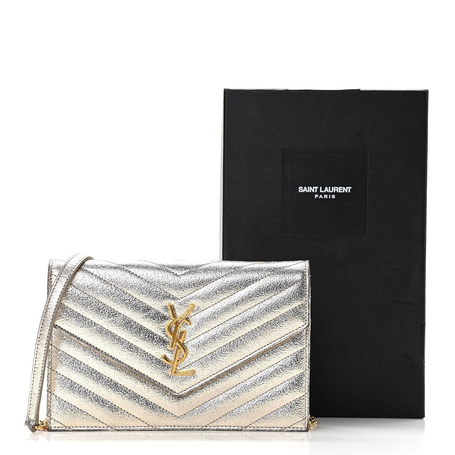 Saint Laurent Grain De Poudre Matelasse Chevron Monogram Envelope Chain Wallet Gold 11 of 11