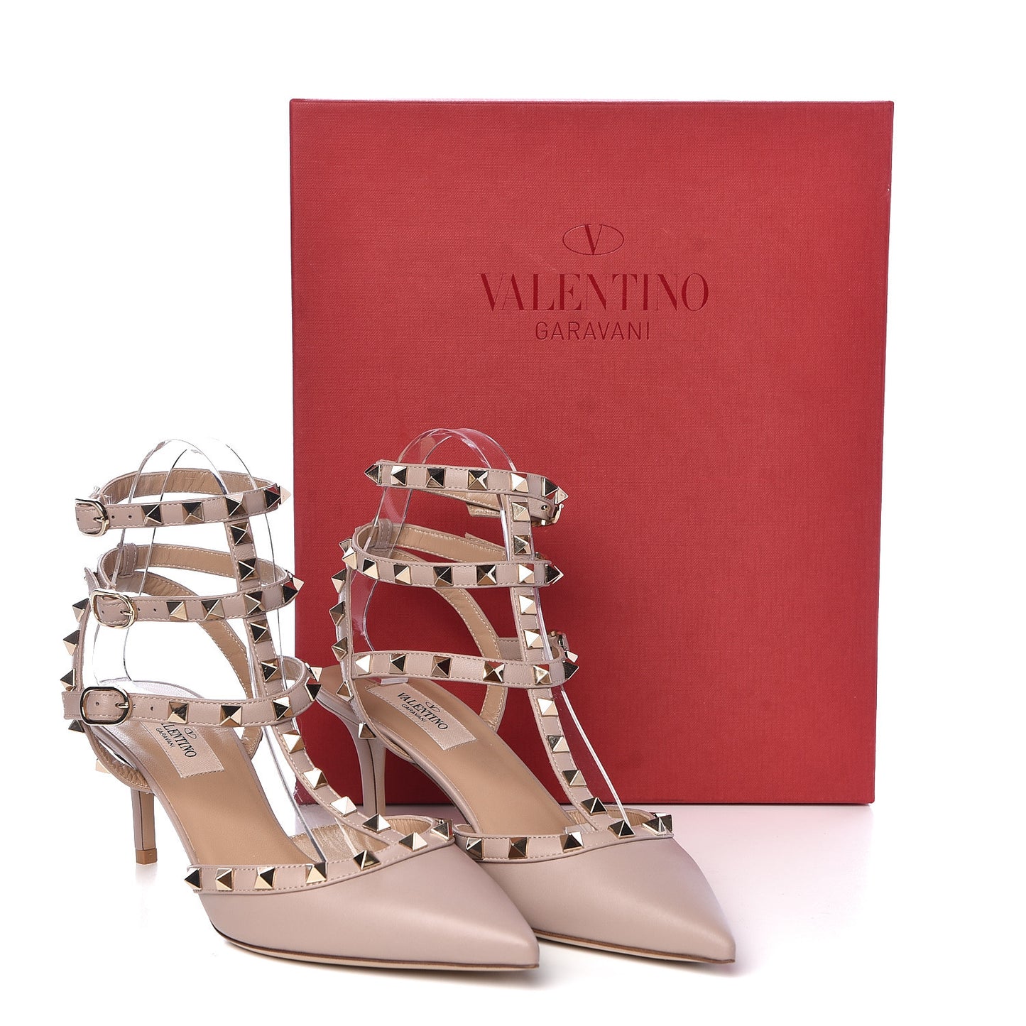 Calfskin Nappa Rockstud Ankle Strap 65mm Pumps 38 Poudre